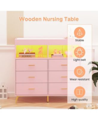Dresser for Bedroom with 6 Drawers, Multi-Functional Nursery Dresser with LED Lights & Charging Station