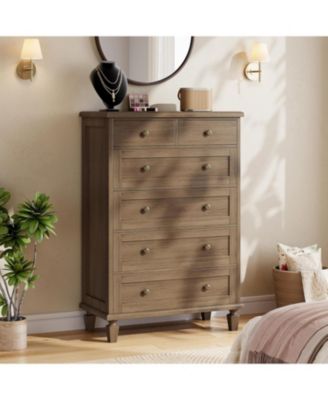 Vintage 6 Drawer Dresser for Bedroom, Tall Wood Dresser with Tapered Legs Support Dresser