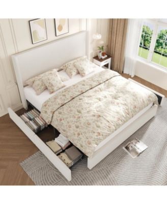 Bed Frame with Storage Drawers, Corduroy Upholstered Platform with Wingback, Tufted Headboard and Footboard, No Box Spring Needed,
