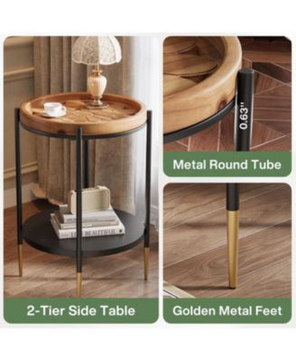 Round Side Table Set of 2, 2-Tier End Table with Solid Wood and Metal, Industrial Nightstand