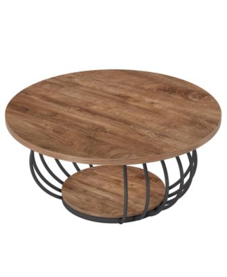 Round Coffee Table for Living Room, 39.4" Industrial Wooden 2-Tier Circle Accent Center Cocktail Table with Storage Shelf and Metal Frame