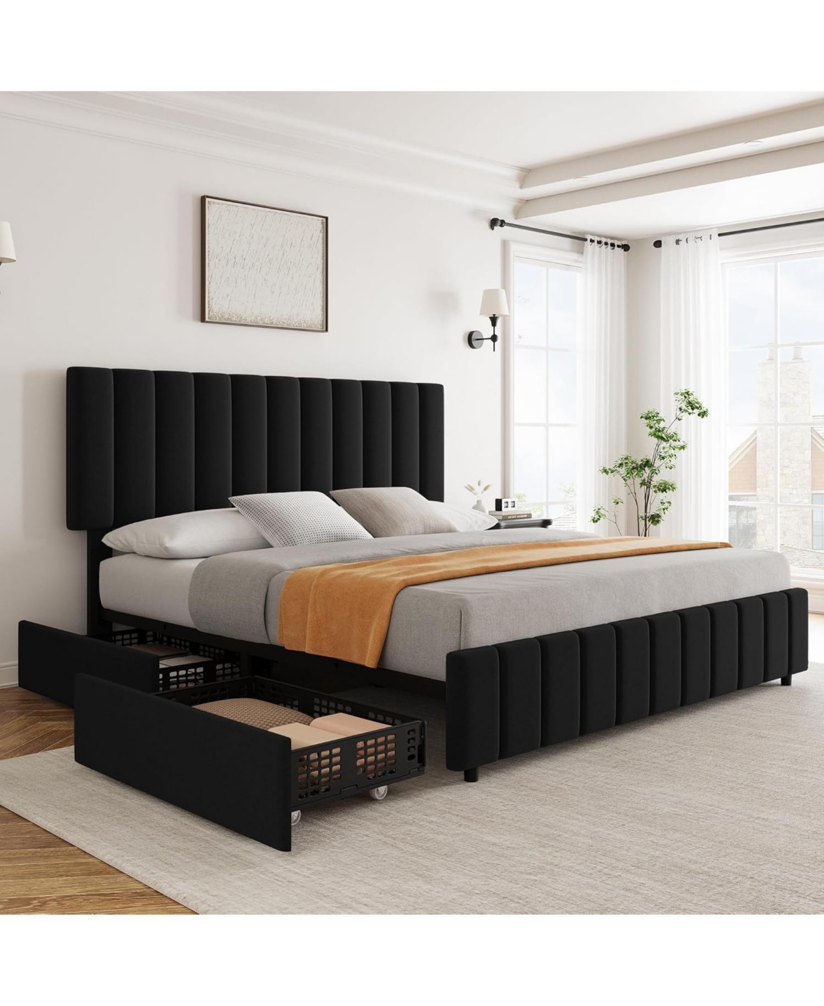 gaomon Queen Linen Upholstered Platform Bed Frame with 4 Storage Drawers, Adjustable Headboard, Wooden Slats Support.