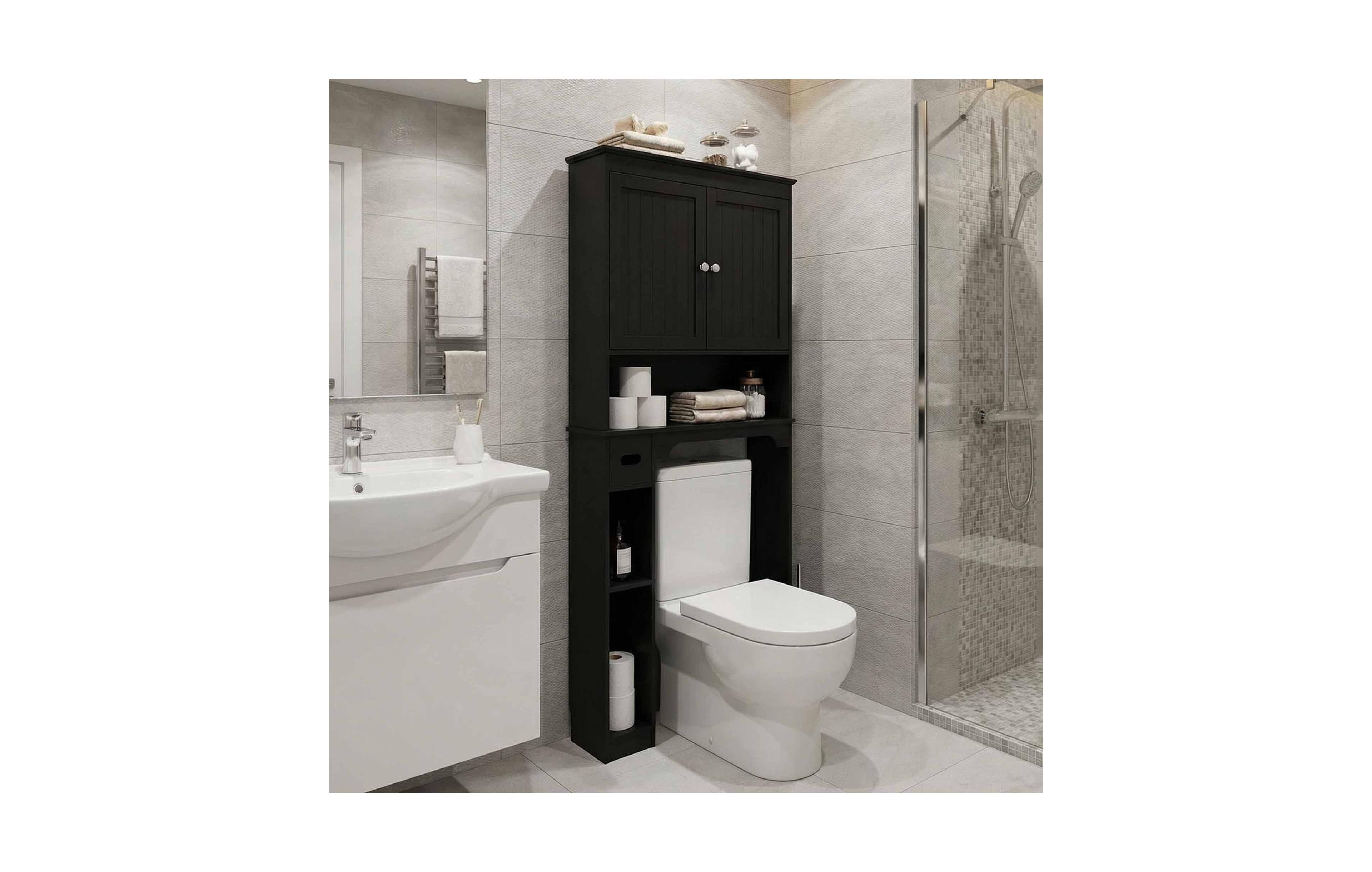 Homfan Over The Toilet Storage Cabinet, Bathroom Organizer, Space-Saving Farmhouse Shelf with Paper Holder