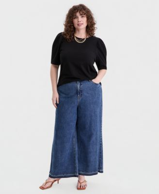 Trendy Plus Printed Ruched Puff-Sleeve Crewneck Top