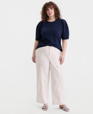 Trendy Plus Printed Ruched Puff-Sleeve Crewneck Top