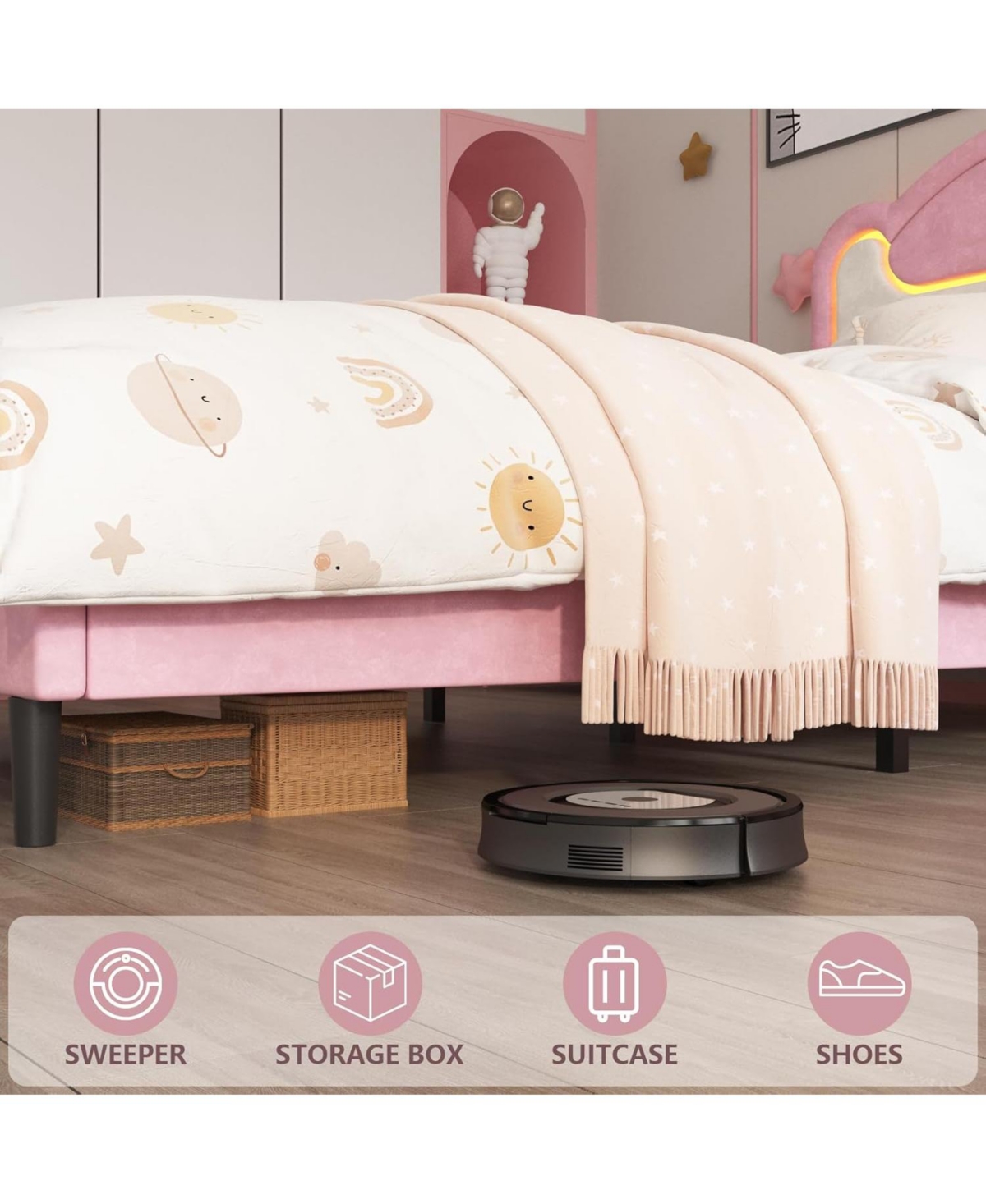 Gaomon Senfot Twin Bed Frame with Led Lights, Upholstered Fabric Headboard, Sturdy Wood Slat Support, No Box Spring Needed