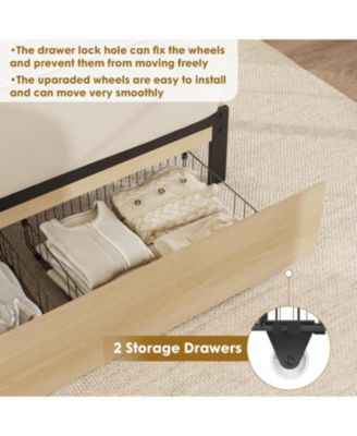 Natural Rattan Bed Frame with Wood Headboard, 2 Storage Drawers, RGB Led Lights, Easy Assemble Boho Platform Bed with Strong