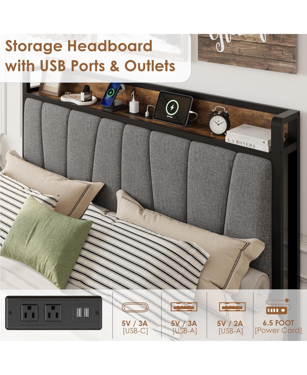 gaomon Queen Bed with 2 Storage Drawers, Charging Station & Heavy Duty Storage Headboard