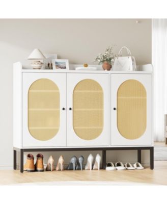 Freestanding shoe cabinet with 3 rattan doors, adjustable shelves, and 7-tier closed storage for entryway or hallway.
