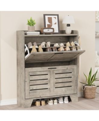 Narrow freestanding shoe cabinet with 2 flip drawers, hidden slim storage, and hooks, ideal for entryway or foyer.
