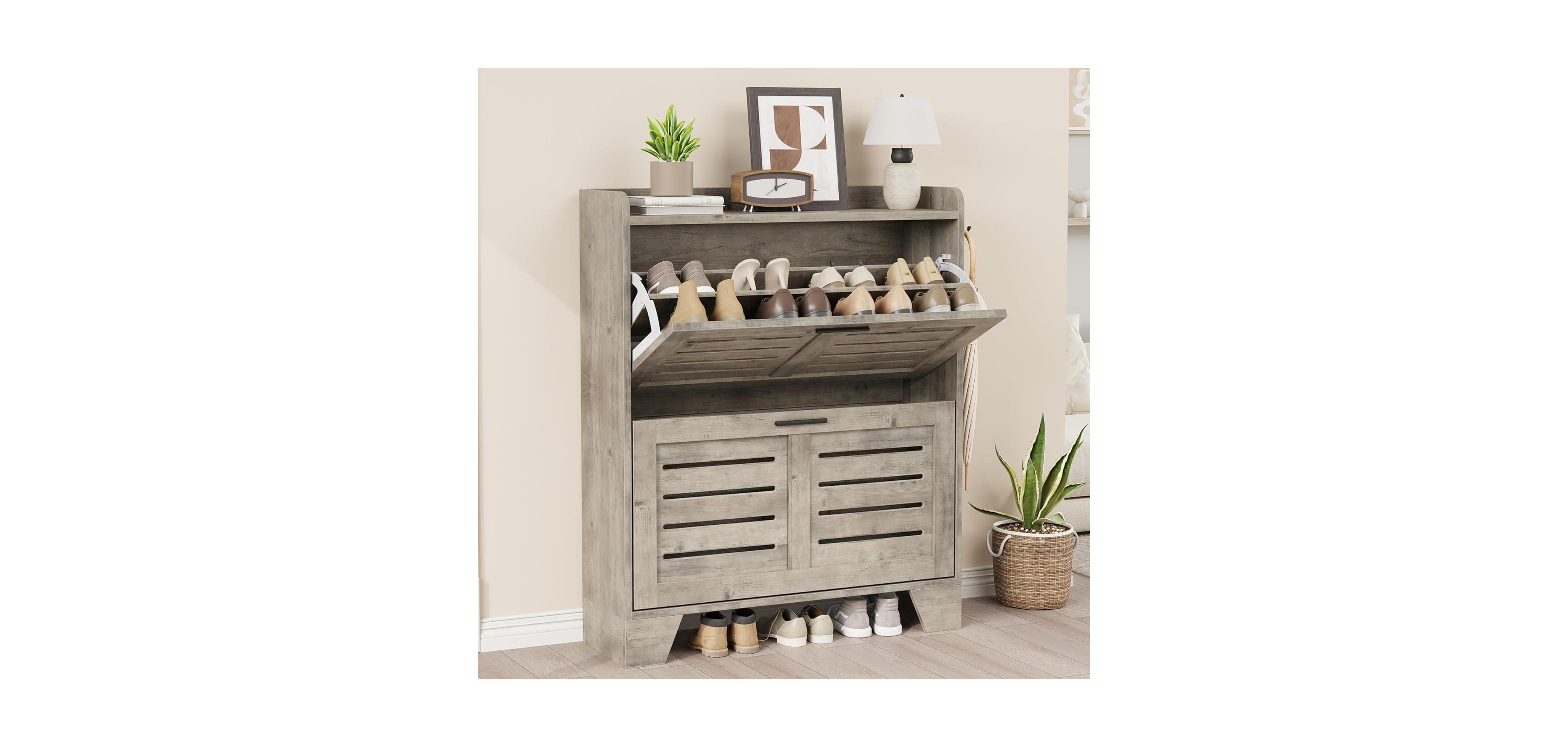 gaomon Narrow freestanding shoe cabinet with 2 flip drawers, hidden slim storage, and hooks, ideal for entryway or foyer.
