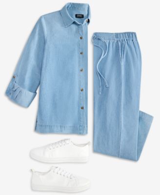 Women's Long-Sleeve Button-Front Shirt & Wide Leg Pants