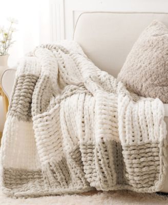 Color Blocked Thick Chenille Chunky Knit Throw, 50" x 60"