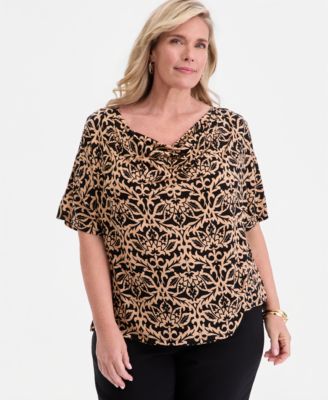 Plus Size Cowl-Neck Elbow-Sleeve Top