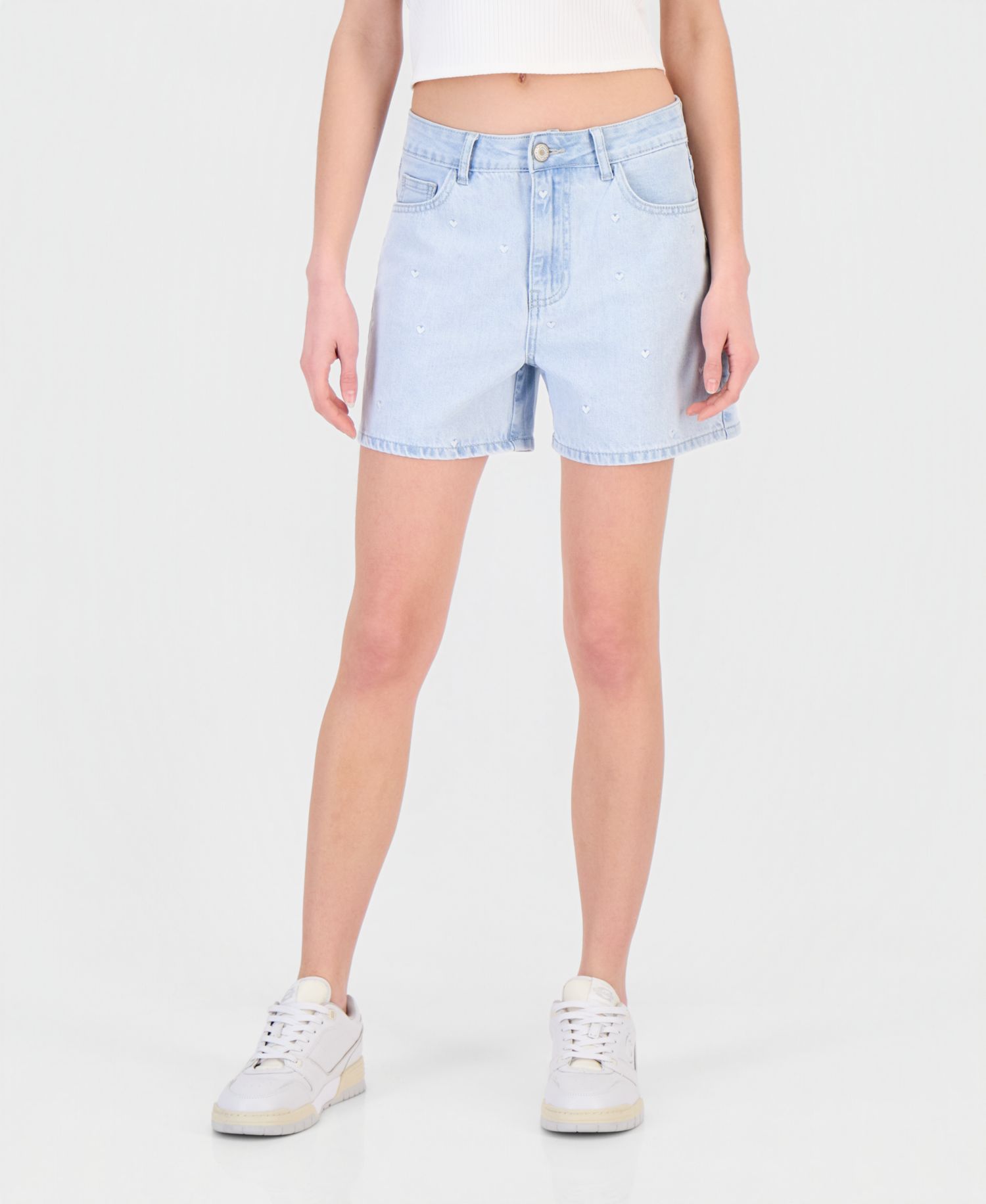 Juniors' Embroidered Hearts Denim Shorts