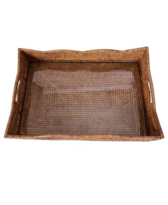 Rattan Scallop Rectangular Tray with Glass Insert