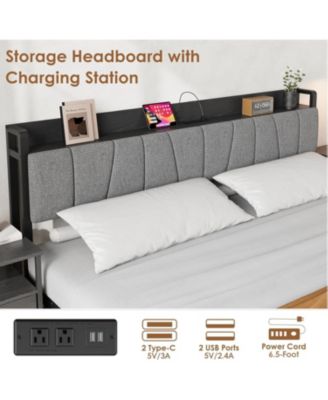 Bed Frame with a Functional Storage Headboard, Industrial Full Platform Bed with 2 Large Drawers Plus a Charging Station