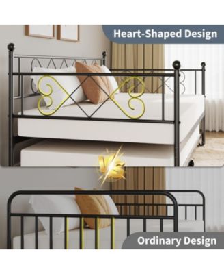 Daybed with Trundle, Twin Metal Bed Frame with Heart-Shaped Headboard, Sturdy Steel Slat Support