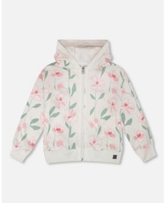 Toddler Girls French Terry Hoodie Off White Printed Flowers