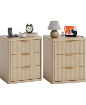 Fluted Nightstand Set of 2,Mid Century Bedside Table,Wooden End Table,Farmhouse Night Stand with 3 Drawer