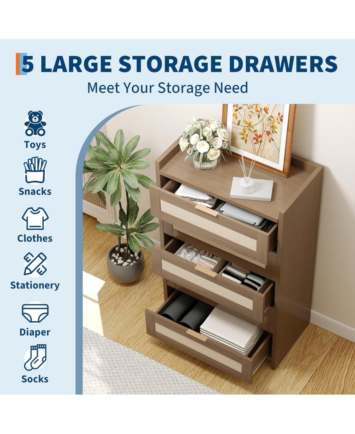 gaomon Rattan 5 Drawers Dresser for Bedroom, Chest of 46 Tall Closet, Boho Night Stand Large Clothes Storage Cabinet - Oak