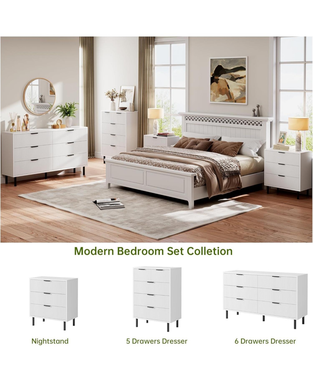 Gaomon Wave Fluted 5 Drawer Dresser for Bedroom, Tall Dressers Chest of Drawers, Wide Wood Storage Organizer Nursery Bedroom