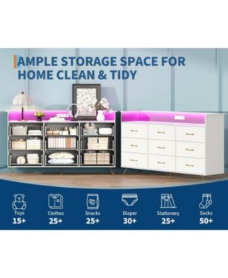 9 Drawer Wooden Dressers for Bedroom with LED Lights & Charging Station, Wood Chest of Drawers with App Control, Modern Large Storage Cabinet