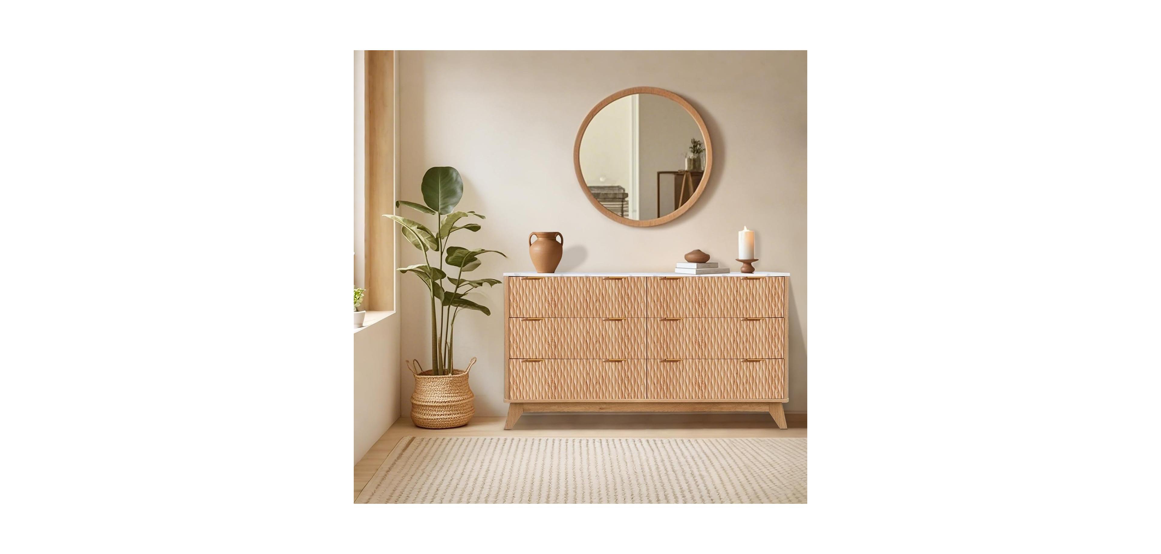 gaomon Bedroom Chest of Dresser Wood, 54 in Drip Pattern Six-Drawer Chest with Faux Marble Top, Wide Wood Farmhouse Dresser, Drawer Storage Organizer