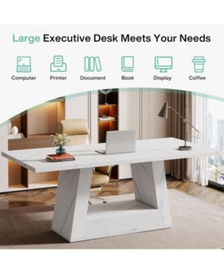 63-Inch Large Computer Desk, Modern Office Desk Workstation, Simple Style Executive Desk Study Table, Wooden Faux Marble Writing Desk