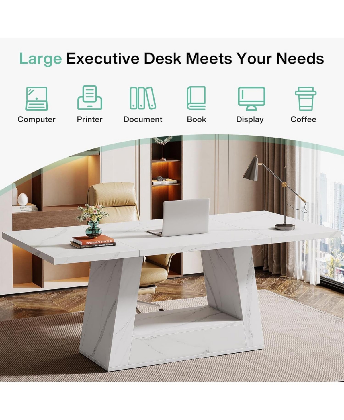 Tribesigns 63-Inch Large Computer Desk, Modern Office Desk Workstation, Simple Style Executive Study Table, Wooden Faux Marble Writing