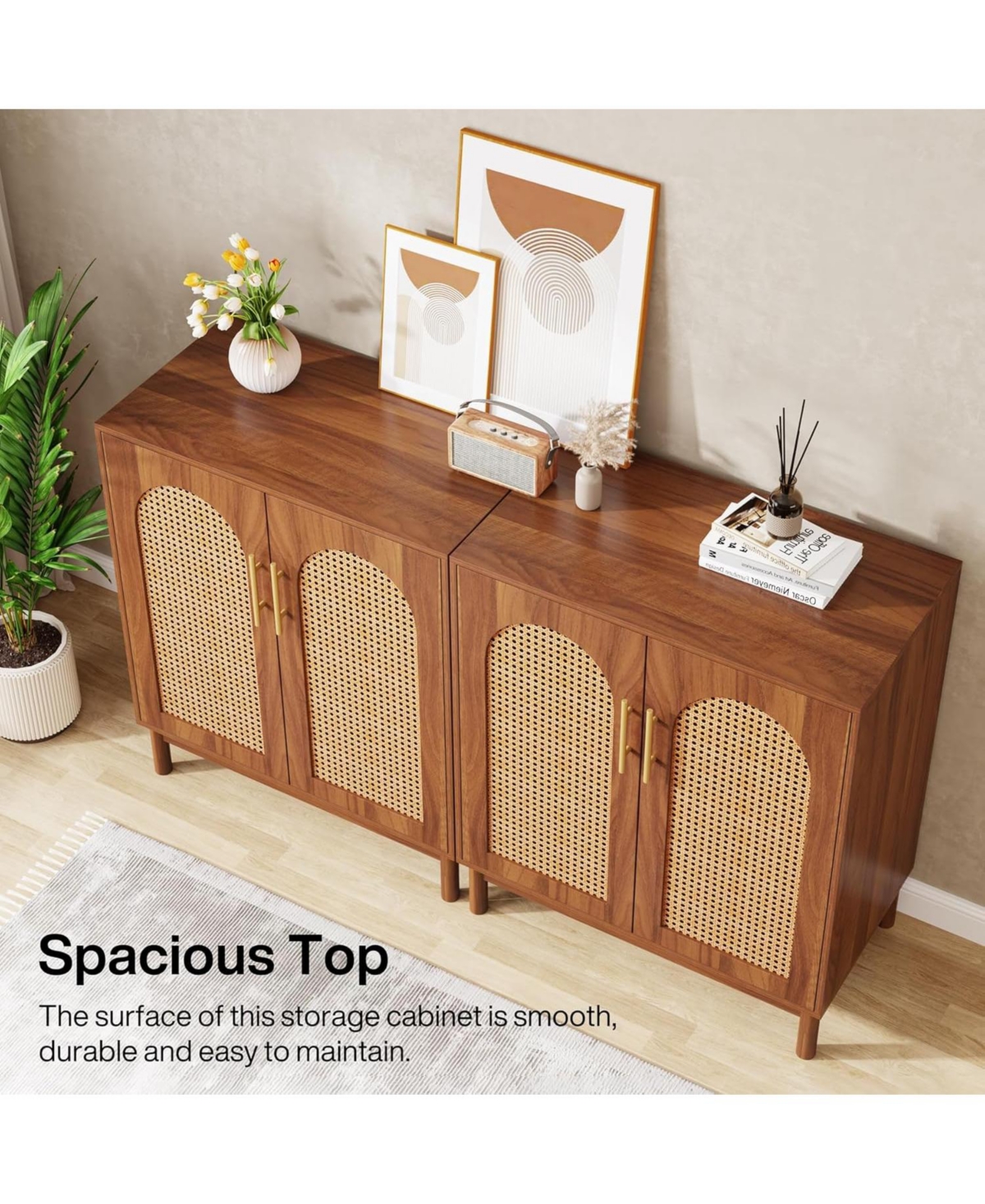 Tribesigns Set of 2 Rattan Sideboard Buffet with Storage, 59 Inch Accent Cabinet Doors, Storage for Dining Room, Living Kitchen