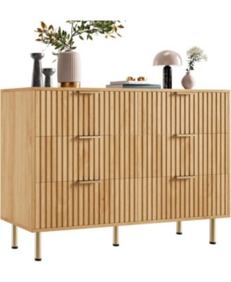 6 Drawer Dresser for Bedroom, Fluted Dresser with Large Drawers and Sturdy Gold Legs Support, Dressers & Chests of Drawers for Bedroom