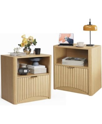 Fluted Farmhouse Night Stand with Charging Station, 23" Mid-Century Modern Nightstand