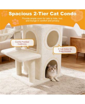 Cat Tree with 2-Tier Cat Condo, 33.5-Inch Multi-Level Tower with Sisal Scratching Posts & Anti-Toppling Device, Beige