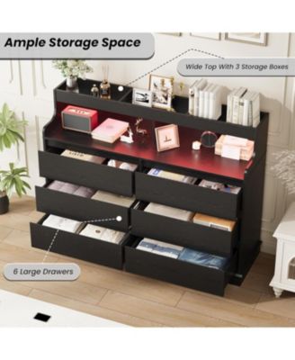 6 Drawer Dresser for Bedroom with LED Lights & Charging Station, 51.2" Wide Dresser with Open Shelf