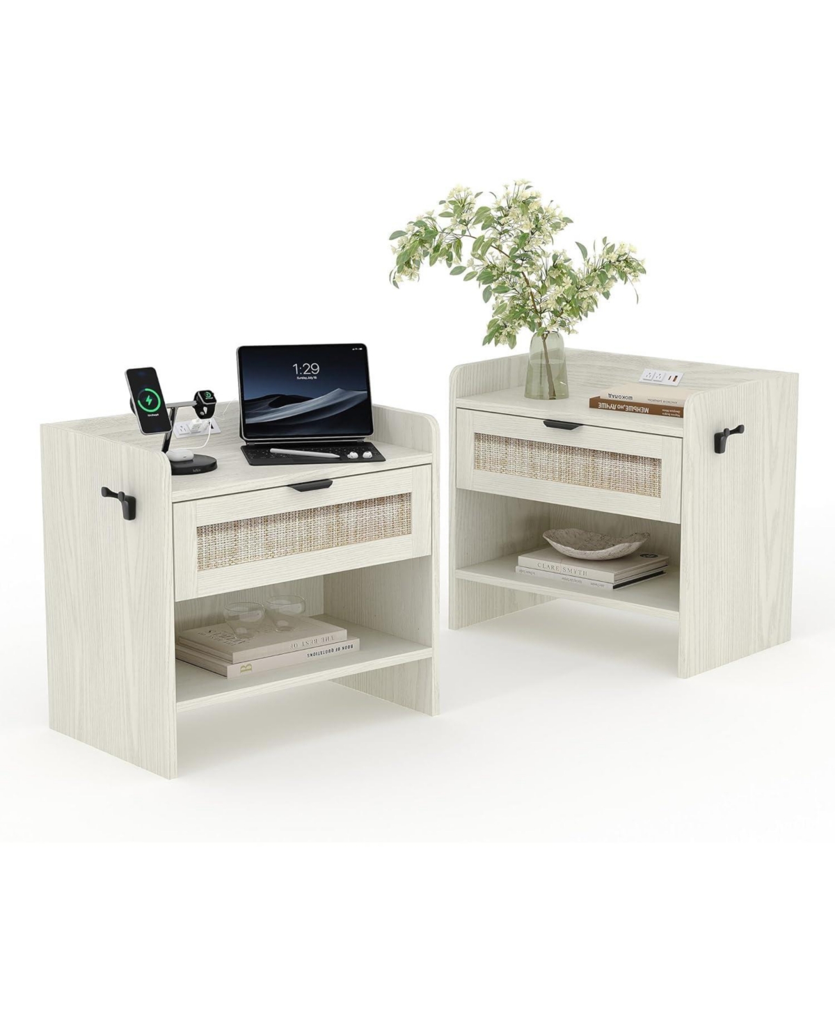 gaomon Rattan Nightstands Set of 2, Boho Bedside Table,Wooden End Table,Farmhouse Night Stand with 1 Drawer,Open Shelf - White