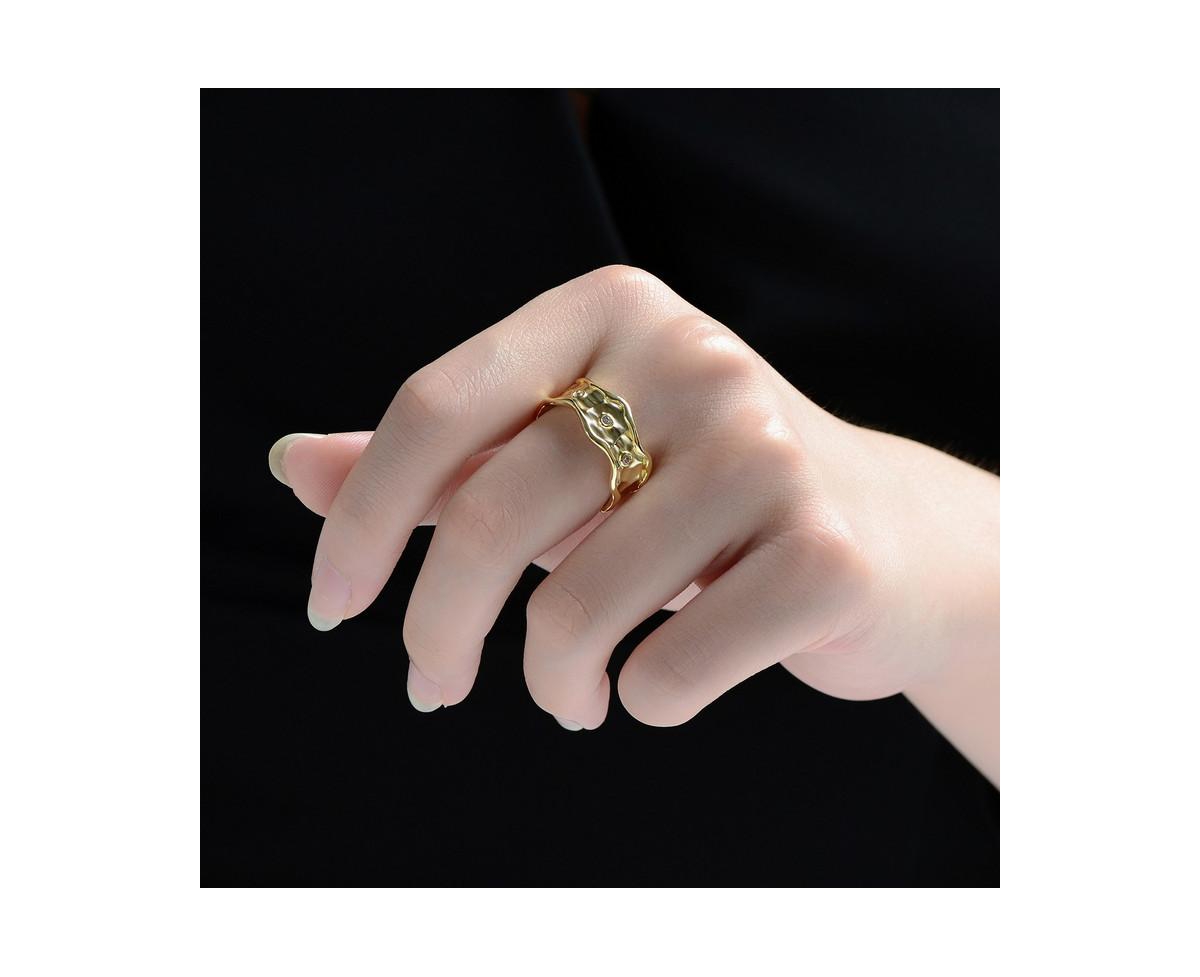 Genevive Elegant 14K Gold Plated Clear Cubic Zirconia Unique Wavy Ring