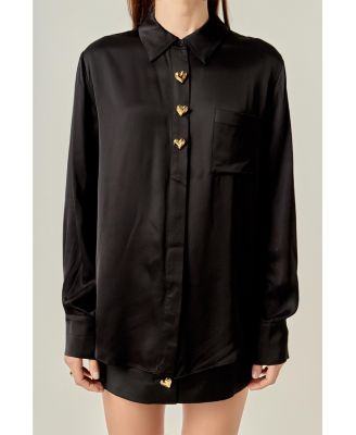 Women's Heart Button Up Satin Shirt