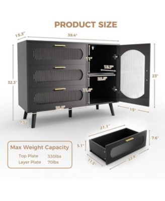 Modern Black Sideboard Cabinet with 3 Spacious Drawers & Fluted Glass Doors for Dining Room, Kitchen, or Living Room Storage