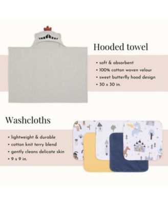 Baby 6-Piece Gift Set – Hooded Towel & 5 Wash Cloths (Newborn Bath Set, Themed Prints)