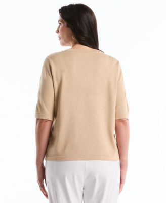 Plus Size Diamond Stitch Elbow-Sleeve Crewneck Sweater