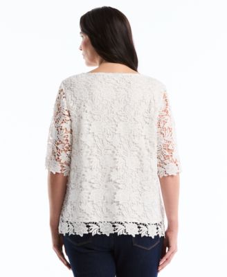 Plus Size Scalloped Elbow-Sleeve Jewel Neck Lace Top