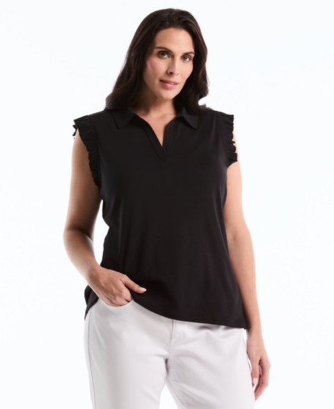 Женские Rafaella Plus Size Ruffle Sleeveless Collared Polo T-Shirt