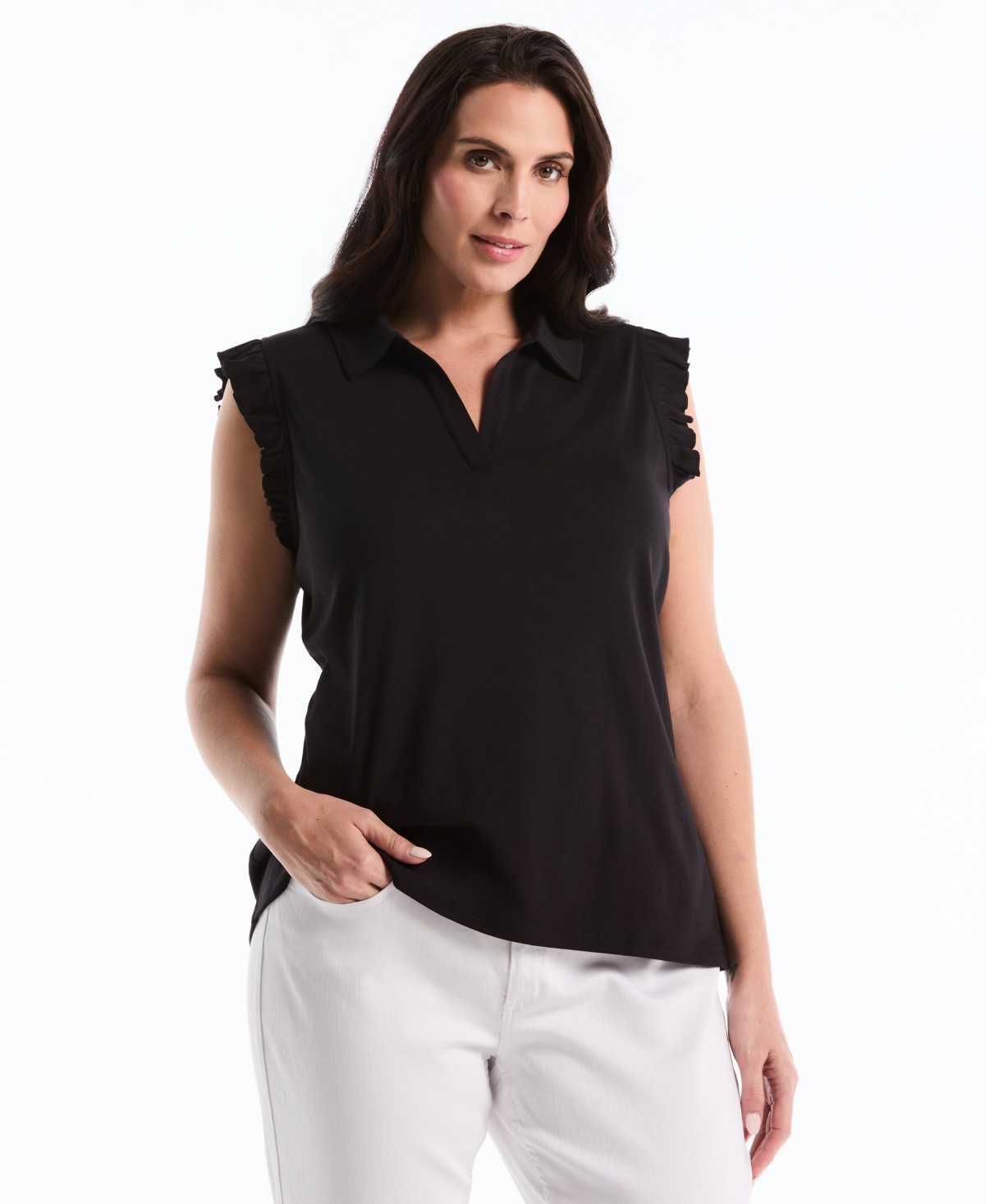 Женские Rafaella Plus Size Ruffle Sleeveless Collared Polo T-Shirt — фото 1