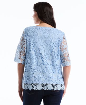 Plus Size Scalloped Elbow-Sleeve Jewel Neck Lace Top