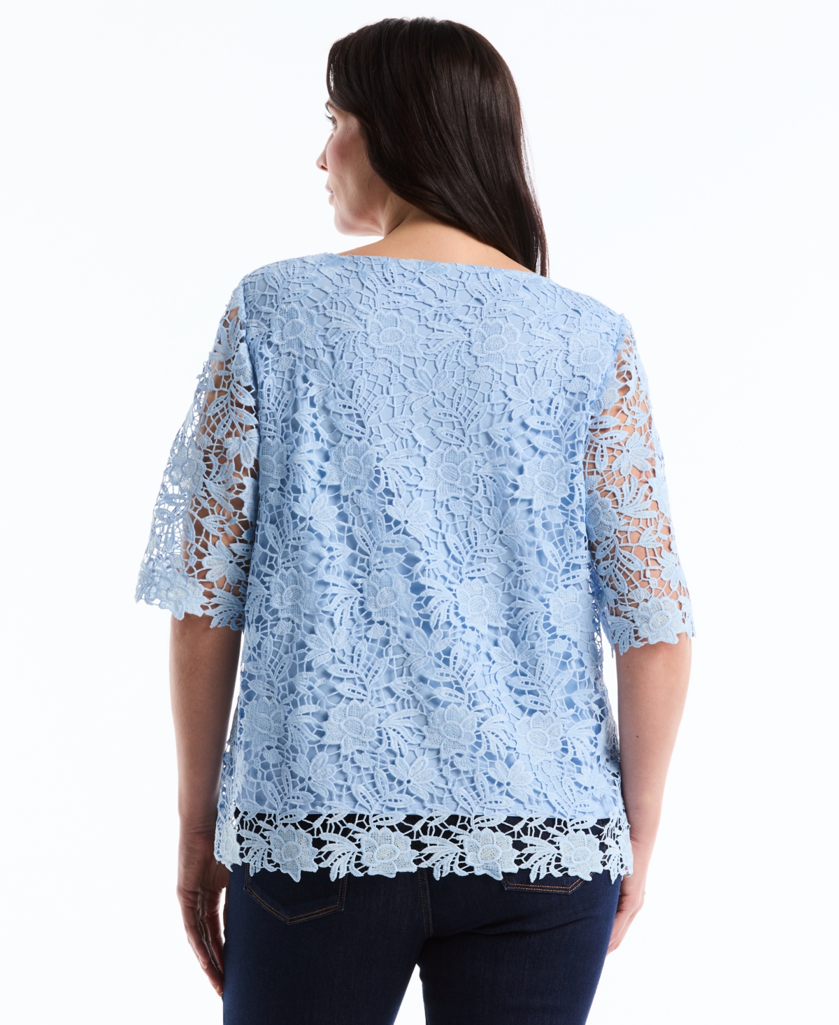 Rafaella Plus Scalloped Elbow-Sleeve Jewel Neck Lace Top