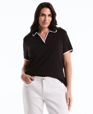 Plus Size Contrast Trim Johnny Collar Polo T-Shirt