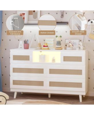 Rattan Wooden Dresser for Bedroom with 6 Drawers,47 Inch Wide Modern Dresser with Charging Station & LED Lights,Open Shelves,LivingBedroom