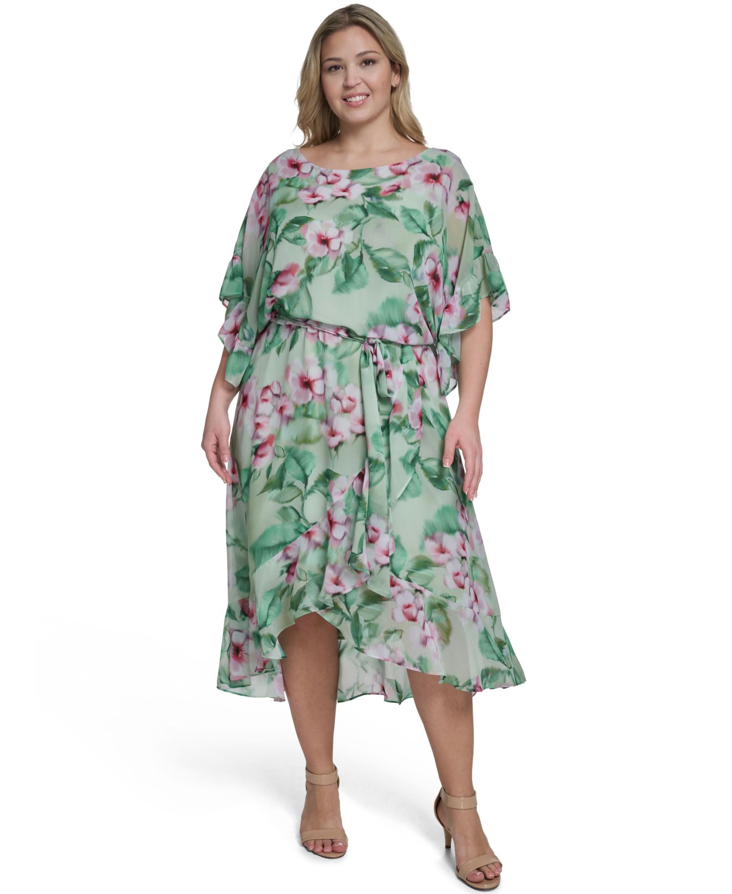 Plus Size Boat Neck Ruffle-Sleeve Dress