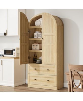 72" Tall Dome Bookcase with Drawers, 4-Tier Wooden Bookshelf Storage Cabinet with Door, Farmhouse Arched Cabinet with Storage